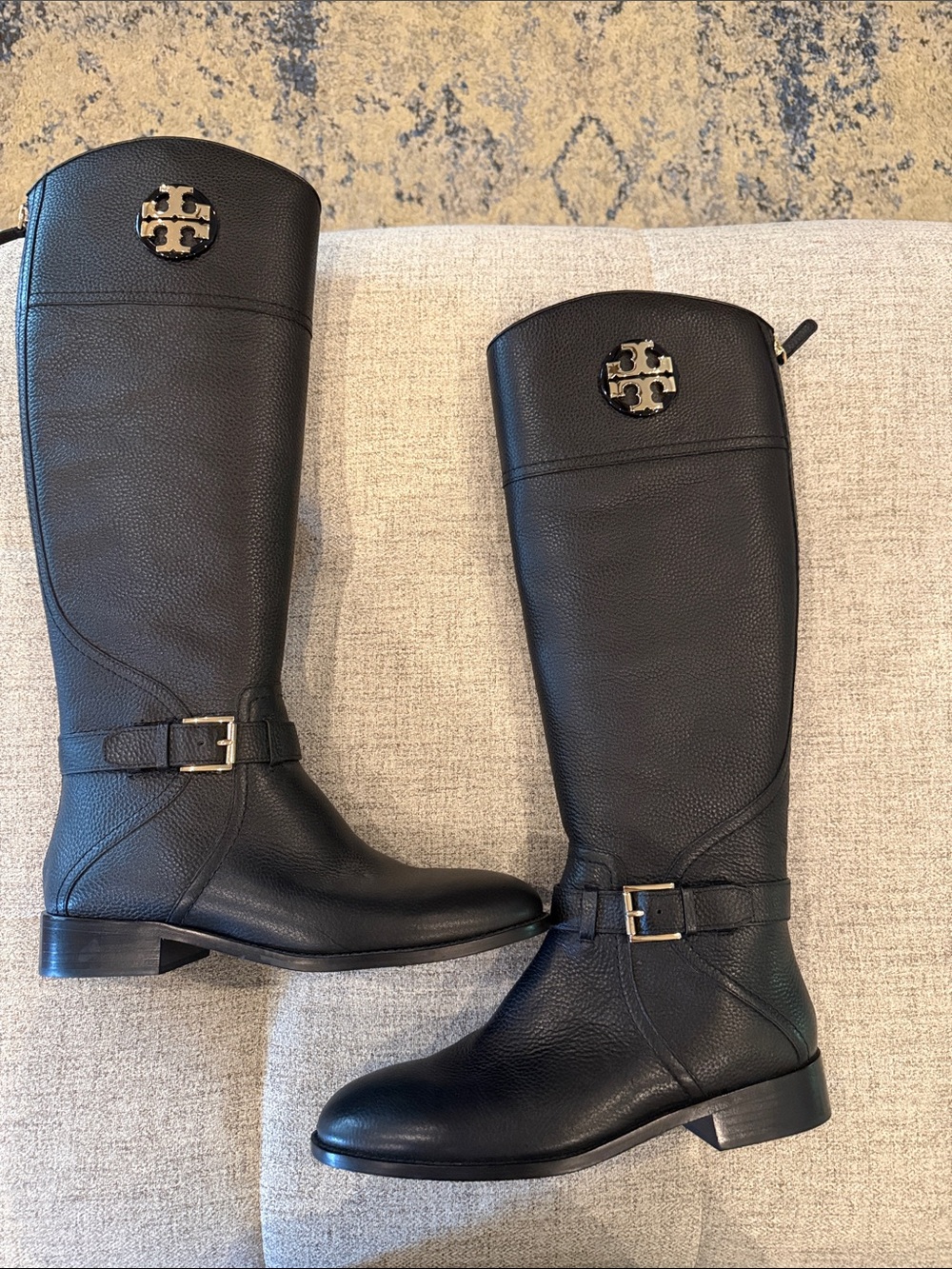 Tory Burch Black Leather Tall Riding Boots with Gold Logos